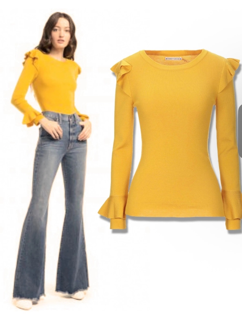 ALICE + OLIVIA Mittie Ruffle Pullover Yellow Wool Blend Sweater SZ Medium